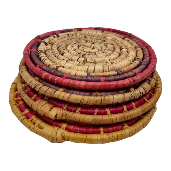 4 Handcrafted Vintage African Coil Basket Woven Wicker Rattan Trivets Wall Decor - Picture 5 of 16